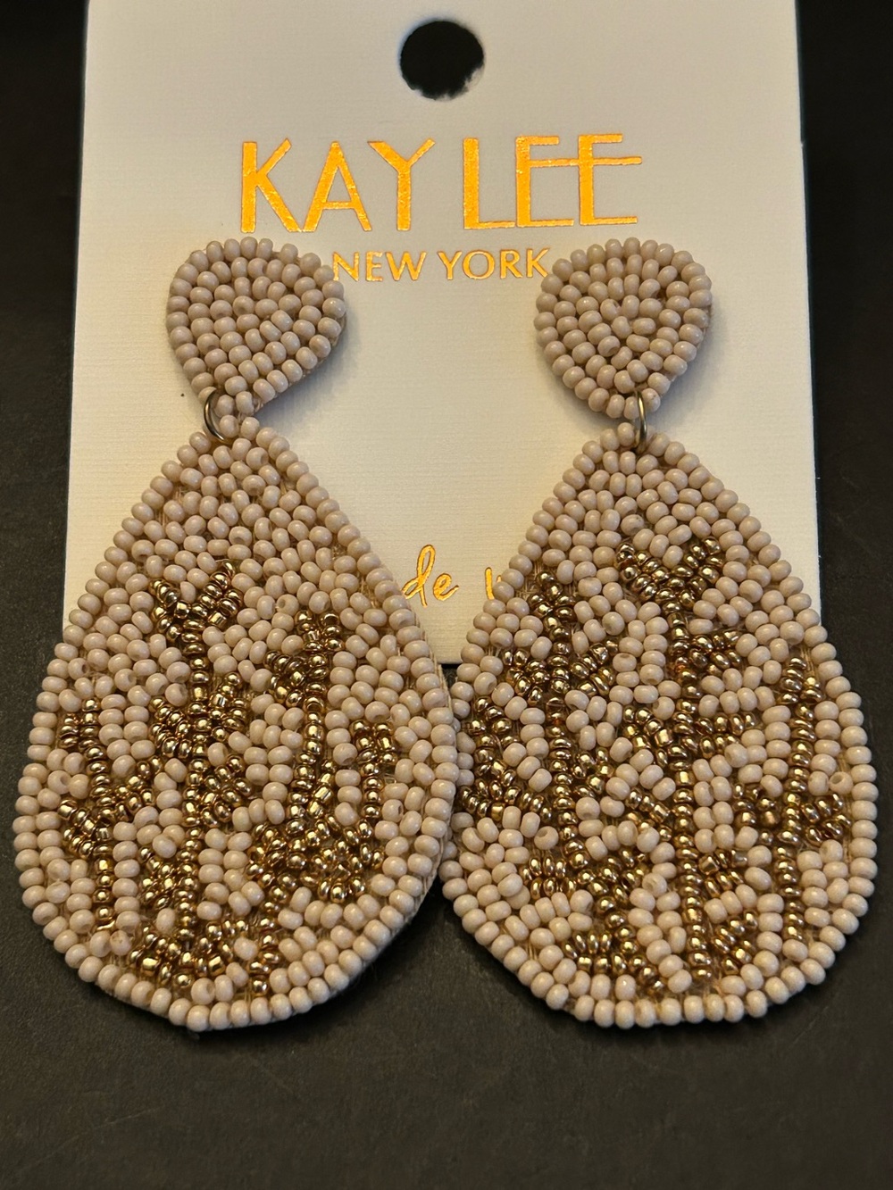 Kay Lee New York Hand Beaded Boho Branch Design Drop Earrings in Beige and Gold